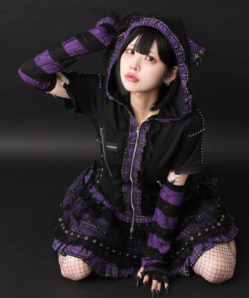 DearMyLove tシャツ 半袖 猫耳チェックフリルクモレースパンクショート