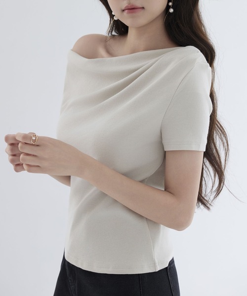 美品＊Plantation アシンメトリー Tシャツ 白 カットソー 製品染め SAISON DE PAPILLON tシャツ ドレープネックアシンメトリー
