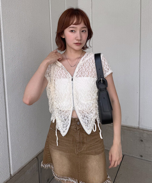 M-LINE パーカー 「mline」フード付きレースZIPフーディー レディース