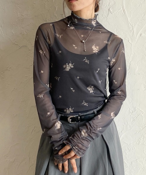 She's Closet tシャツ ハイネック長袖シャーリング花柄シアートップス