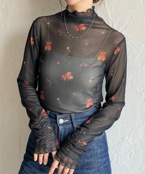 She's Closet tシャツ ハイネック長袖シャーリング花柄シアートップス