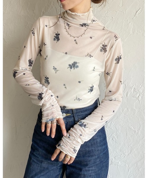 She's Closet tシャツ ハイネック長袖シャーリング花柄シアートップス
