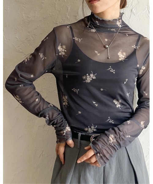 She's Closet tシャツ ハイネック長袖シャーリング花柄シアートップス