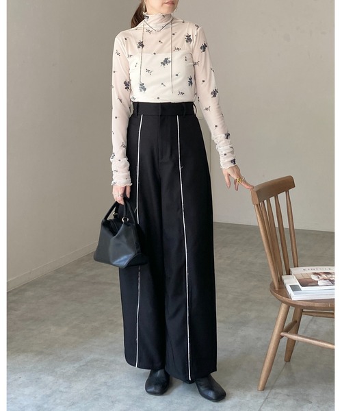 She's Closet tシャツ ハイネック長袖シャーリング花柄シアートップス