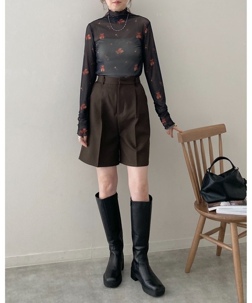 She's Closet tシャツ ハイネック長袖シャーリング花柄シアートップス