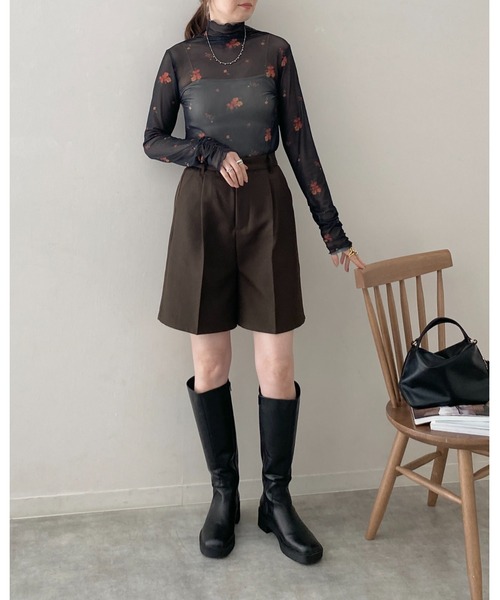 She's Closet tシャツ ハイネック長袖シャーリング花柄シアートップス
