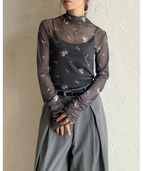 She's Closet tシャツ ハイネック長袖シャーリング花柄シアートップス