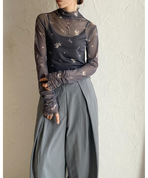 She's Closet tシャツ ハイネック長袖シャーリング花柄シアートップス
