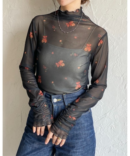 She's Closet tシャツ ハイネック長袖シャーリング花柄シアートップス