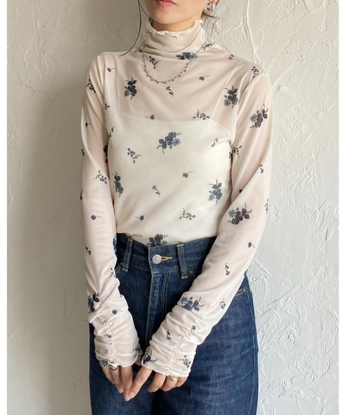 She's Closet tシャツ ハイネック長袖シャーリング花柄シアートップス