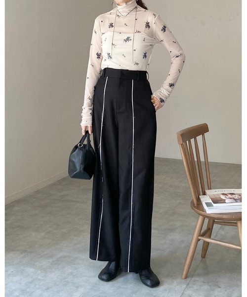 She's Closet tシャツ ハイネック長袖シャーリング花柄シアートップス