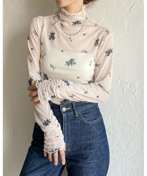 She's Closet tシャツ ハイネック長袖シャーリング花柄シアートップス