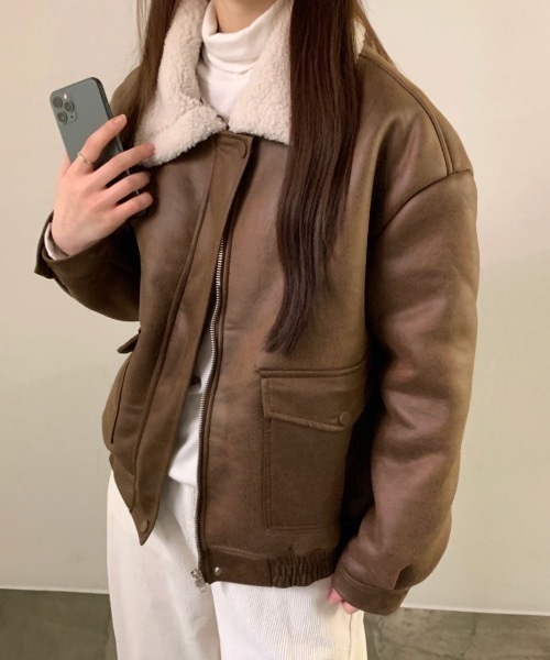 FUNdaysion ムートンコート ボアコート ボア襟フェイクムートン