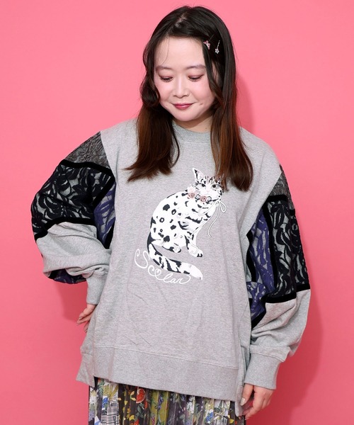 ScoLar（スカラー） tシャツ 153782：ネコ柄ミニ裏毛×起毛レース配色