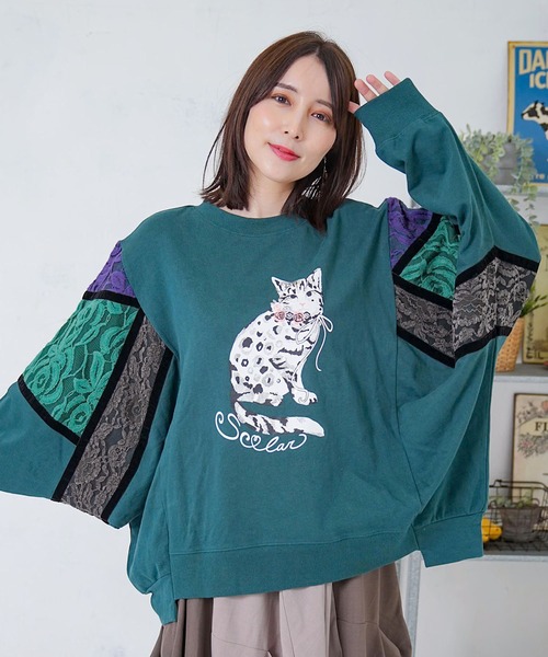 ScoLar（スカラー） tシャツ 153782：ネコ柄ミニ裏毛×起毛レース配色