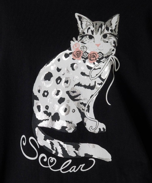 ScoLar（スカラー） tシャツ 153782：ネコ柄ミニ裏毛×起毛レース配色
