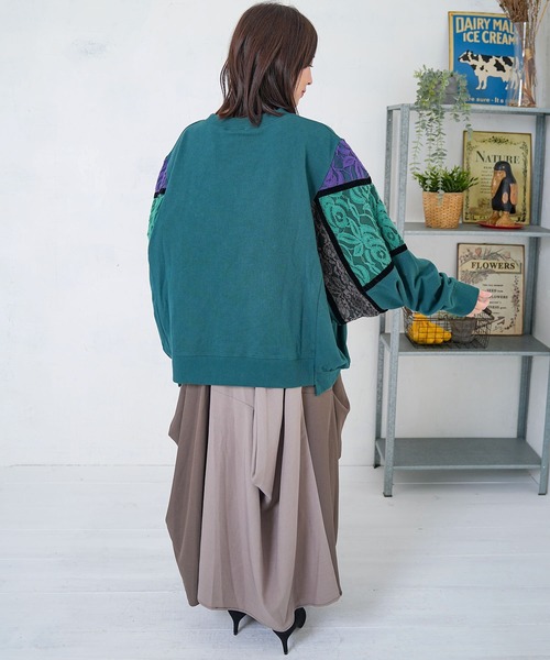 ScoLar（スカラー） tシャツ 153782：ネコ柄ミニ裏毛×起毛レース配色