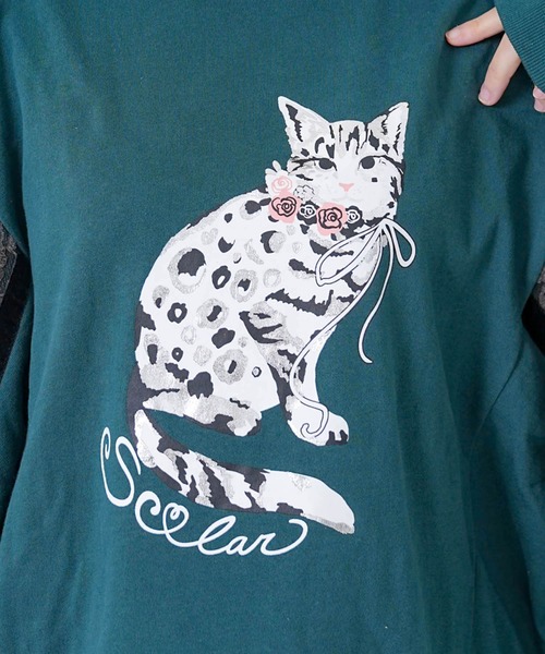 ScoLar（スカラー） tシャツ 153782：ネコ柄ミニ裏毛×起毛レース配色