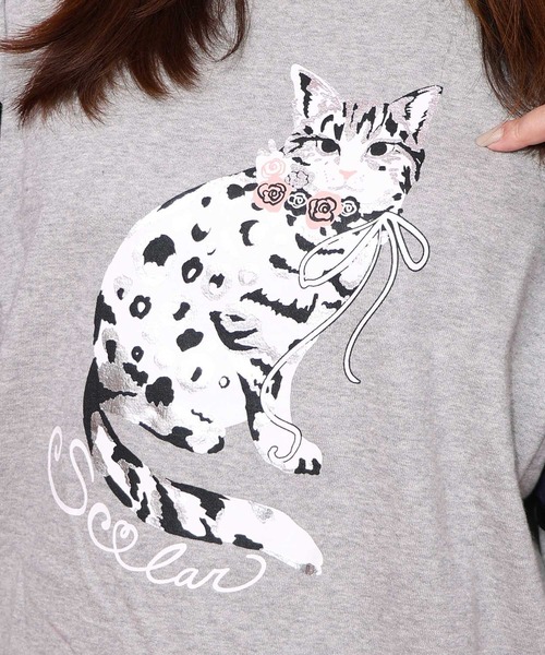 ScoLar（スカラー） tシャツ 153782：ネコ柄ミニ裏毛×起毛レース配色