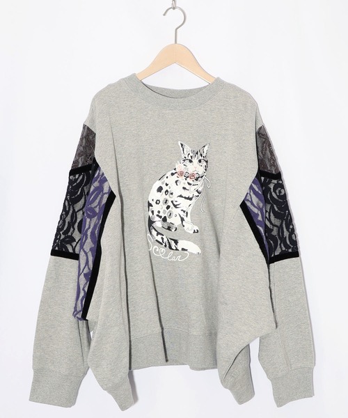 ScoLar（スカラー） tシャツ 153782：ネコ柄ミニ裏毛×起毛レース配色