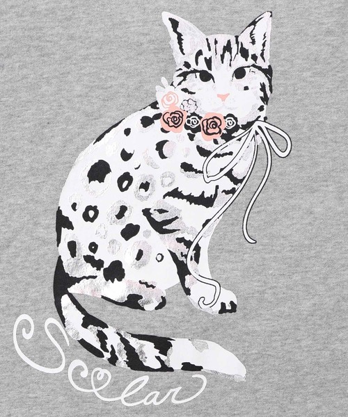 ScoLar（スカラー） tシャツ 153782：ネコ柄ミニ裏毛×起毛レース配色