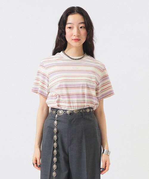 tシャツ エンブロイダリー マルチボーダー ショートスリーブ Tシャツ レディースの画像