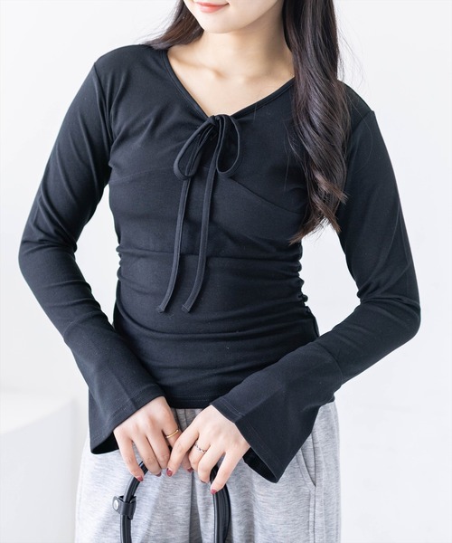 プリーツプリーズ カットソー 長袖 リボン ブラック L clear tシャツ フロントリボンフレアスリーブカットソー「大人