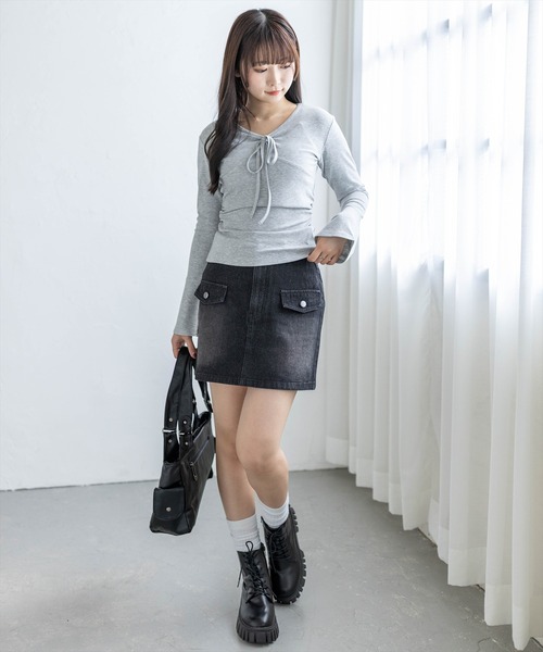 Drawerバックリボン 半袖カットソー ネイビー フレア clear tシャツ フロントリボンフレアスリーブカットソー「大人