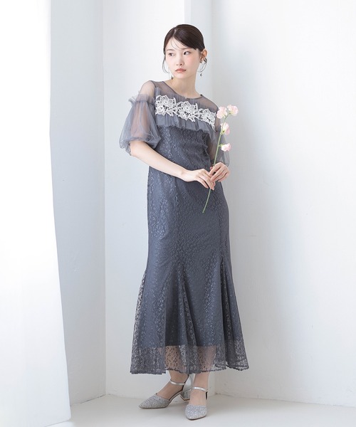 Kana フリルデザイン　シースルードレス Kana ドレス モチーフレース チュールバルーンスリーブ マーメイド