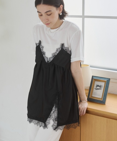 ANGIE tシャツ 半袖 サテン レースキャミ ドッキング レイヤード T
