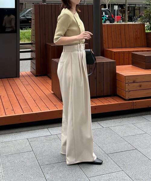 スラックス パンツ ベルト付きタックワイドスラックス レディースの画像
