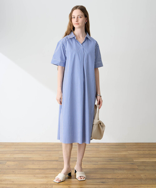 Sezane ストライプ 半袖ひざ丈ワンピース LE SOUK HOLIDAY（ルスークホリデー） ワンピース 半袖 スキッパー
