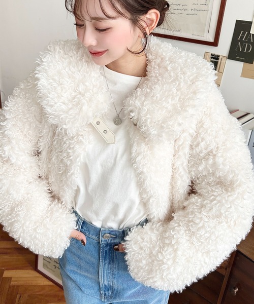 moment+ コート アウター 衿付きプードルフェイクファーブルゾン