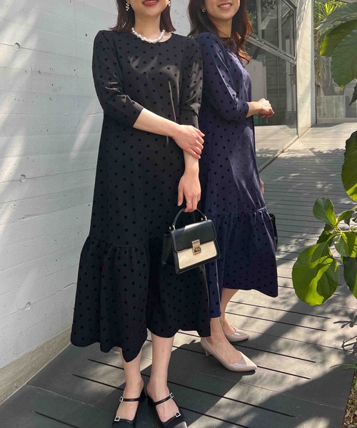 PICCIN PERLA ワンピース フロッキードットロングワンピース