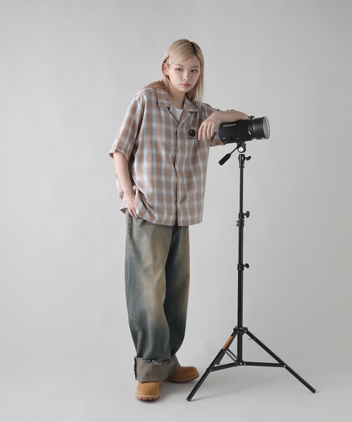 シャツ ボックスシルエットオンブレチェック半袖ビリヤードシャツ