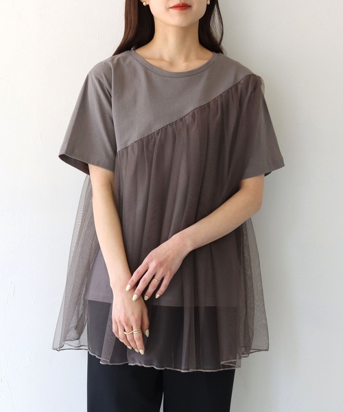 vingtrois tシャツ 「vingtrois」チュール切り替えトップス