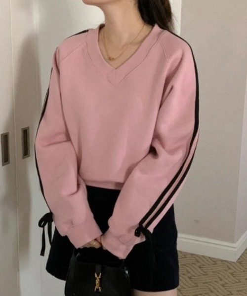 トレーナー スウェット アームラインリボンVネックスウェット