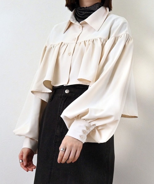 AD2006 archive OLD フリルブラウスドッキングポロシャツ 00s STYLEBLOCK ブラウス シャツ ツイルクロップドギャザーブラウス