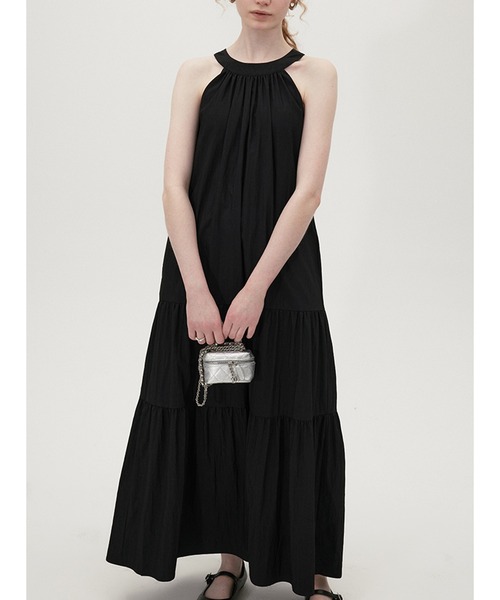 ワンピース ホルターネック バックタイリボン ティアードワンピース