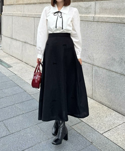 clear スカート 「低身長サイズ有」リボンモチーフツイードロング