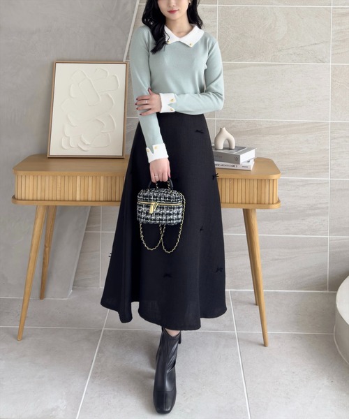 clear スカート 「低身長サイズ有」リボンモチーフツイードロング