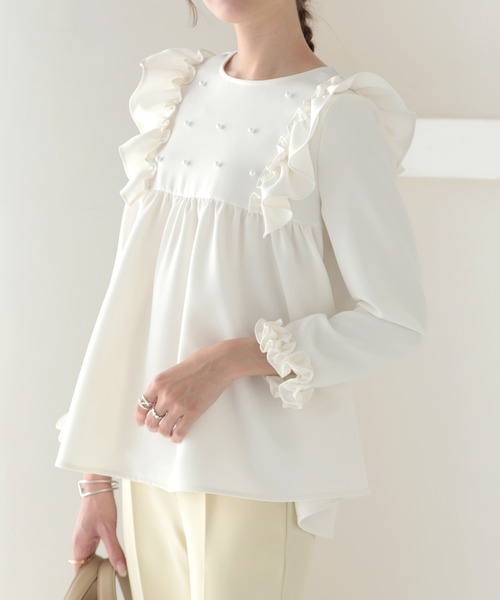 ブラウス シャツ パール肩フリルトップス レディース MERAKI（ファッション） ブラウス シャツ パール肩フリル