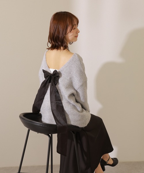ニット セーター back ribbon knit pullover /バックリボン ボリュームスリーブ ニット レディース