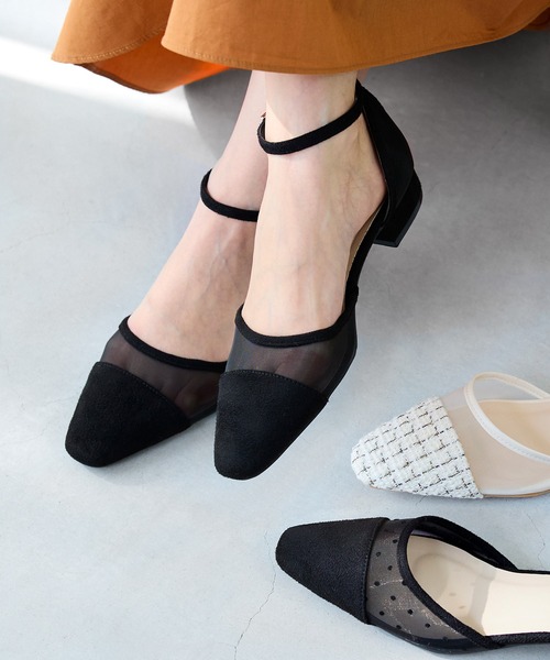 welleg パンプス アンクルストラップ ローヒール チュール