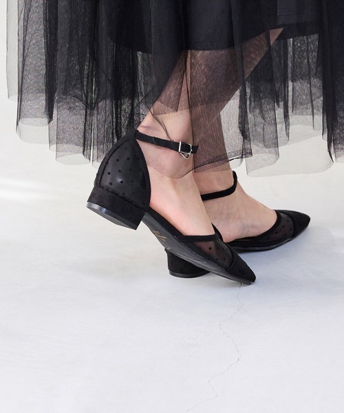 welleg パンプス アンクルストラップ ローヒール チュール