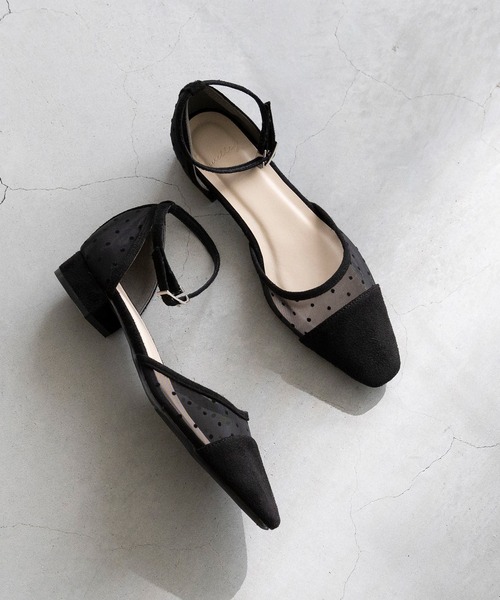 welleg パンプス アンクルストラップ ローヒール チュール