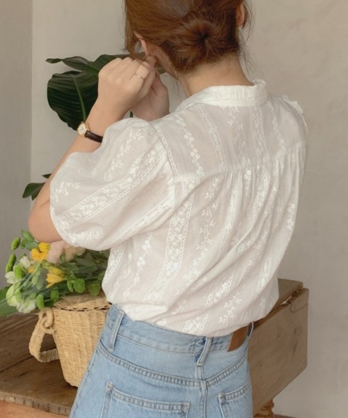 BLANC 半袖トップス BLANC FICELLE ブラウス シャツ 半袖 レース オープンシャツ