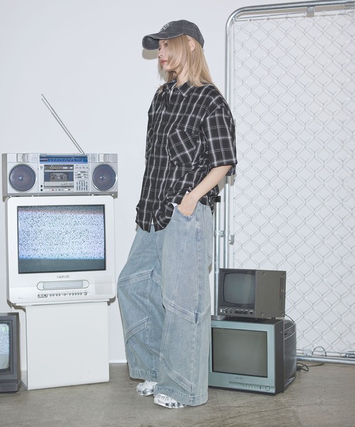 シャツ ボックスシルエット五分丈チェックシャツ「UNISEX」 メンズ