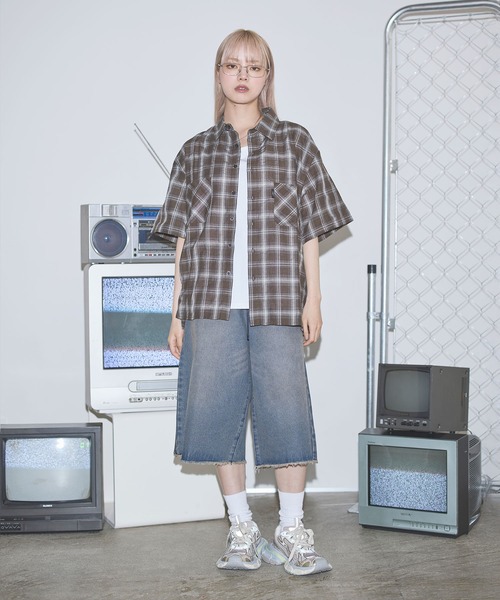 シャツ ボックスシルエット五分丈チェックシャツ「UNISEX」 メンズ