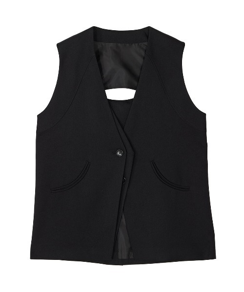 Ameri VINTAGE【美品】フレンチスリーブ☆ノーカラーベスト☆ジレ☆黒 Ameri（アメリ） ベスト ジレ DOUBLE LAYER LIKE CURVE VEST